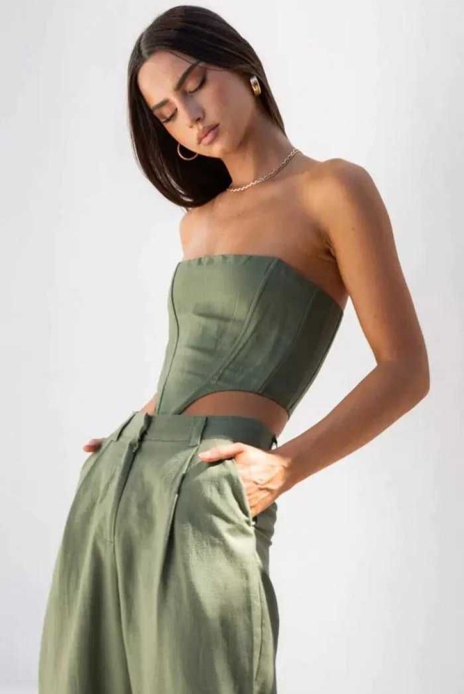 Clothing LIONESS Crop Tops | Deja Vu Corset Khaki