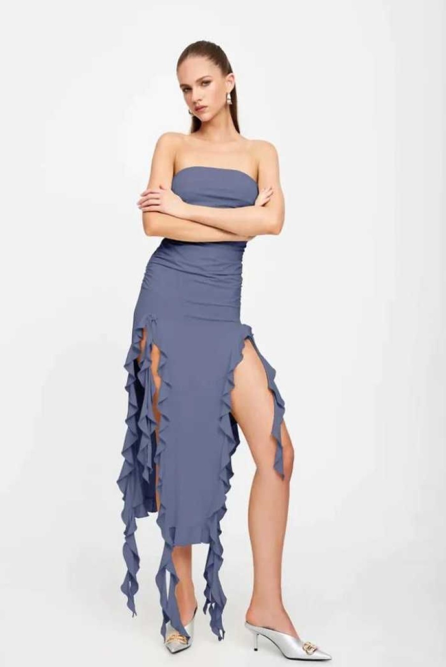 Clothing LIONESS Sale Dresses | Rendezvous Strapless Dress | Slate