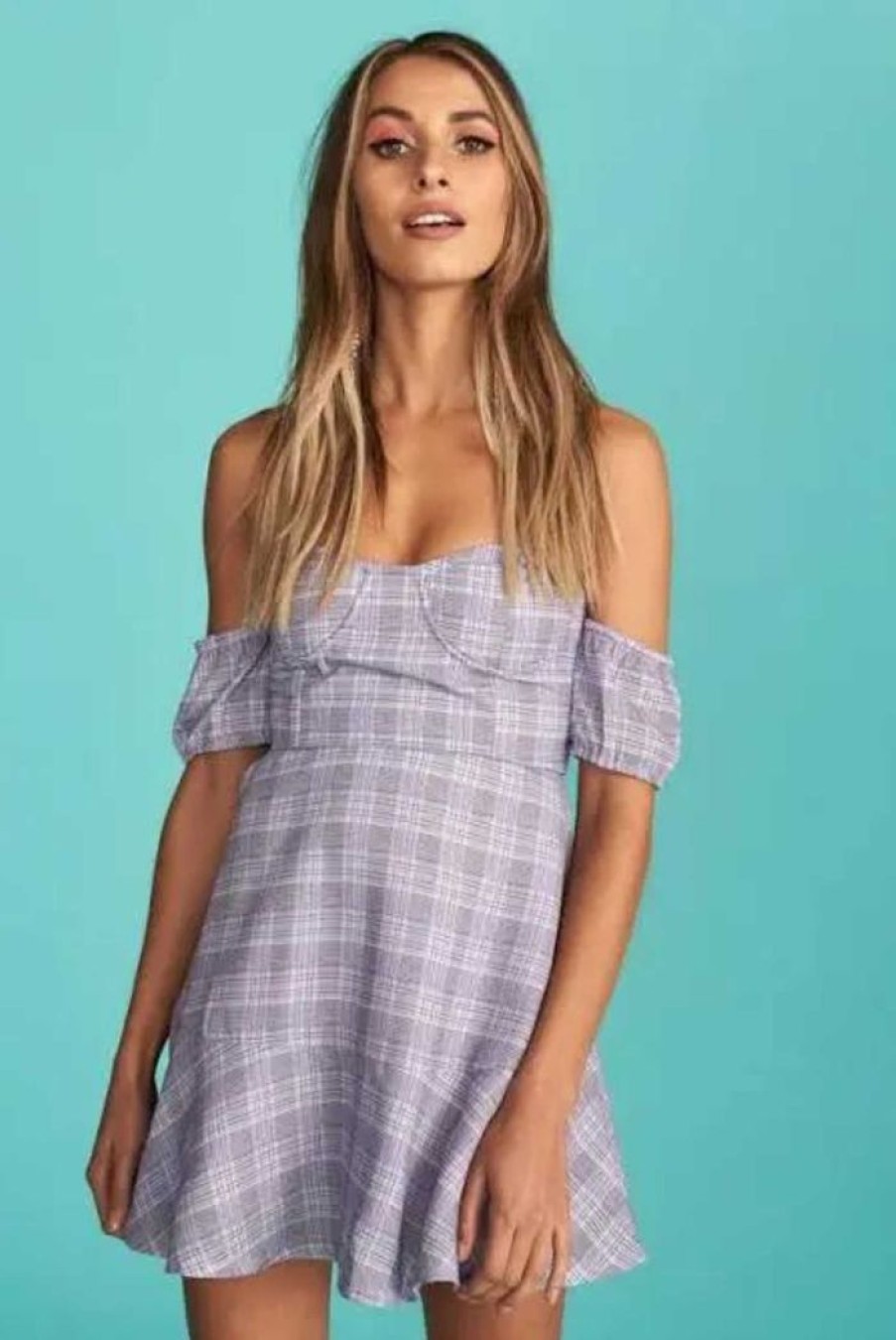 Clothing LIONESS Sale Dresses | Tropea Off The Shoulder Mini Dress Purple Tartan