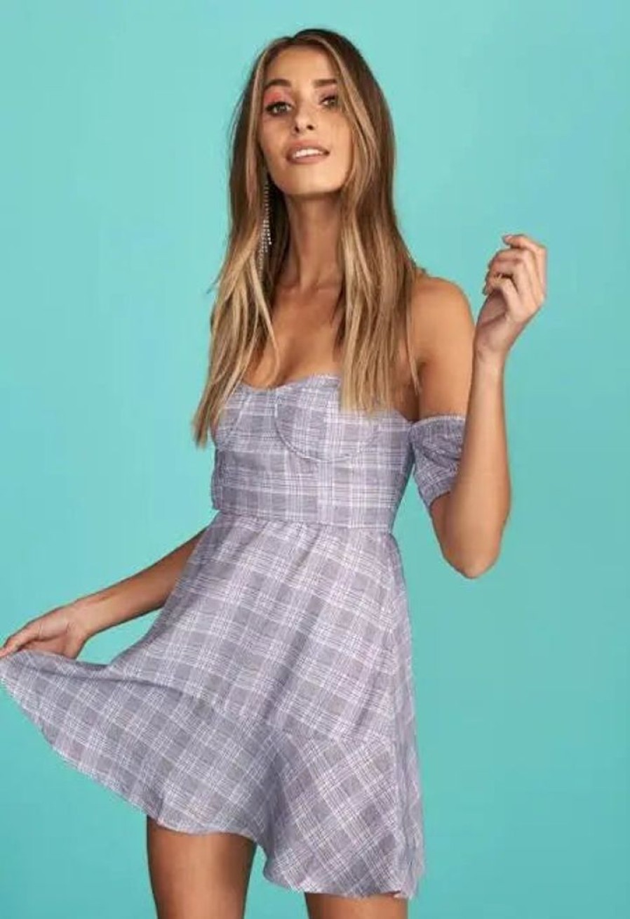 Clothing LIONESS Sale Dresses | Tropea Off The Shoulder Mini Dress Purple Tartan