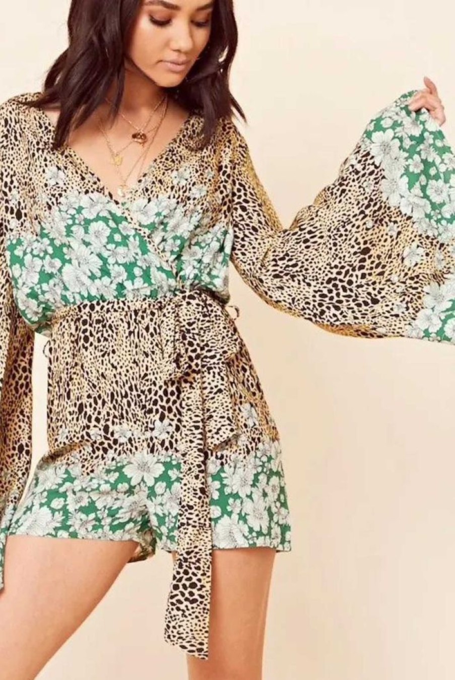 Clothing INFLUENCE | Angel Romper | Floral &Leopard Print Green